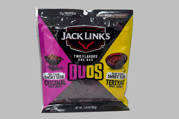 Jack Link's beef jerky duos package on a white surface