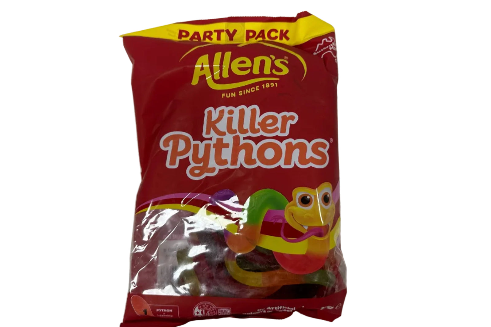 Red bag of Allens Killer Pythons gummy candy on a white surface