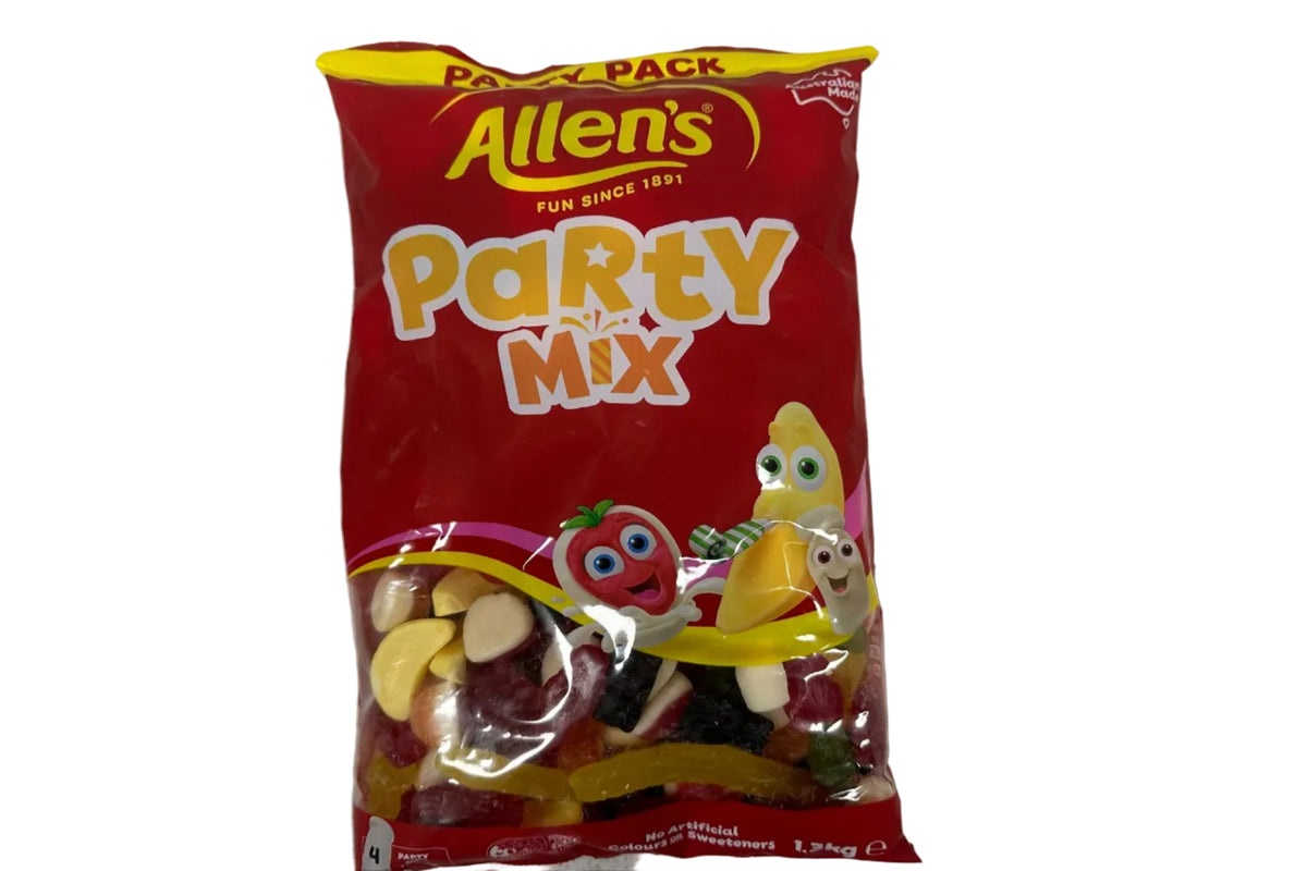 Red bag of Allen's Party Mix on a gray surface