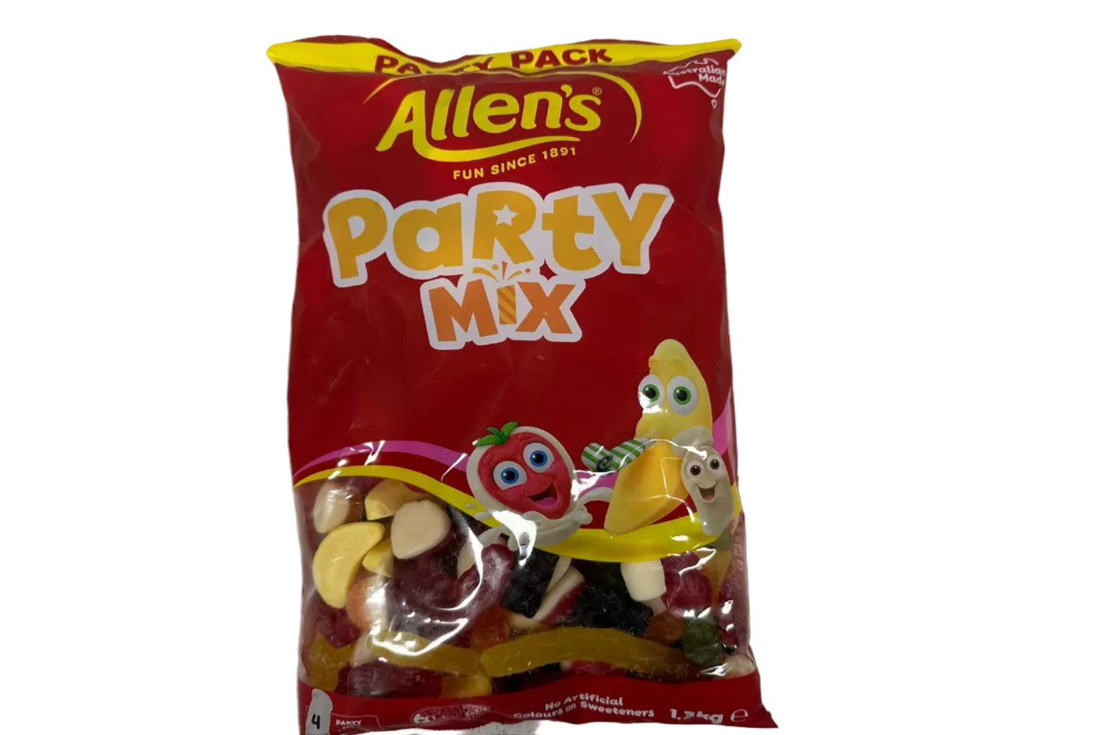 Red bag of Allen's Party Mix on a gray surface
