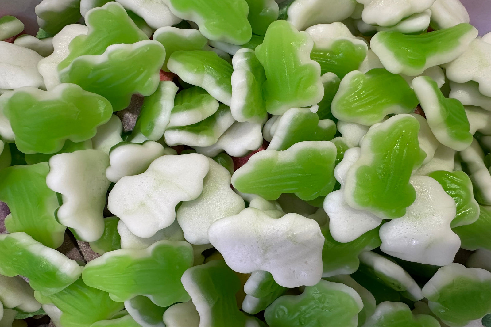 green and white gummy frogs