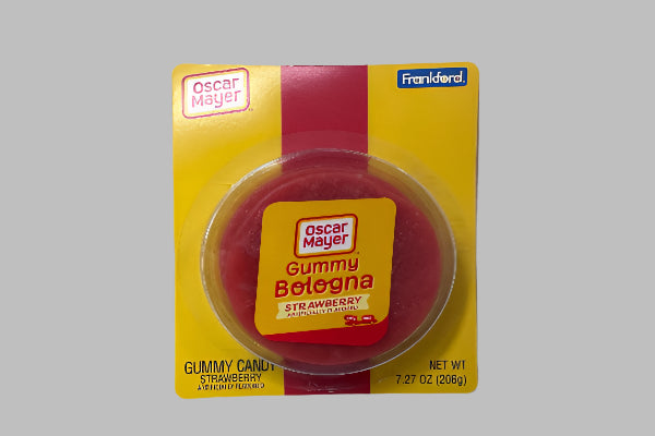 Oscar Mayer Gummy Bologna candy on a white surface with a gray background