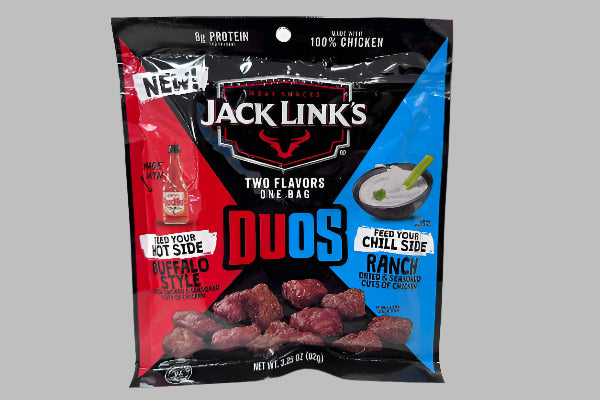 Jack Link's Duos meat snack package with Buffalo Style and Ranch flavors on a white background