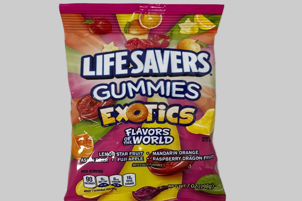 Packaging of Lifesavers Exotics Gummies on a speckled countertop