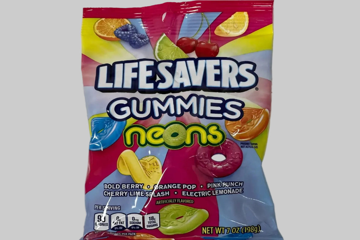 Packaging of Lifesavers Gummies Neons on a speckled countertop