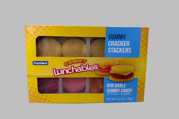 Box of Gummy Lunchables with gummy cracker stackers on a white surface.