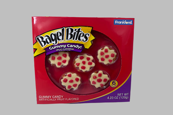 Box of Bagel Bites gummy candy on a white surface