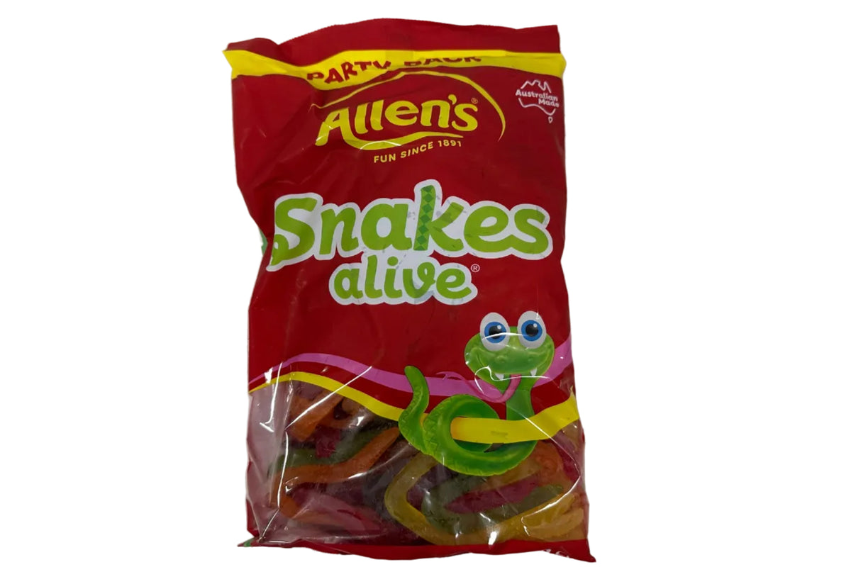 Red bag of Allen's Snakes alive gummy snakes on a gray surface