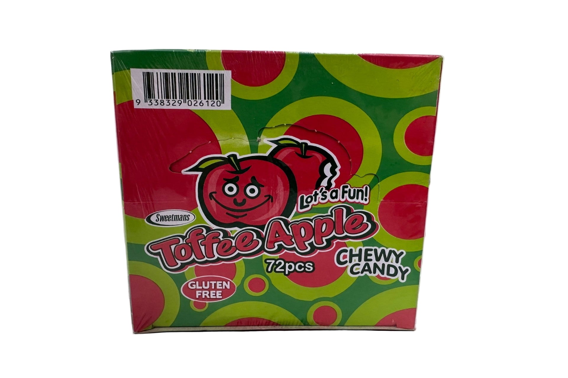 Box of Toffee Apple chewy candy with colorful design on a white background